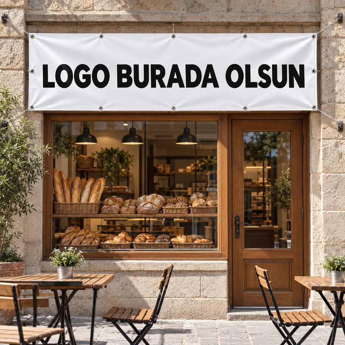 Branda afiş: dükkân vitrini üstüne kuşgözlerinden gerilmiş vinil branda, logonuz basılır