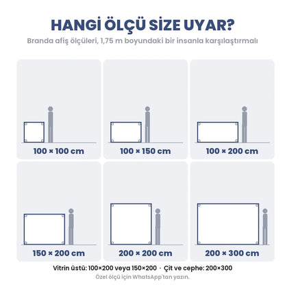Branda afiş ölçü rehberi: 100x100 cm'den 200x300 cm'e 6 ölçü, insan boyuyla karşılaştırmalı