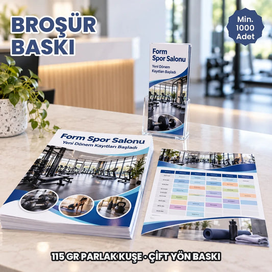 Broşür baskı: 115 gr parlak kuşe kâğıda çift yön baskılı broşür destesi ve broşürlükte ince broşür