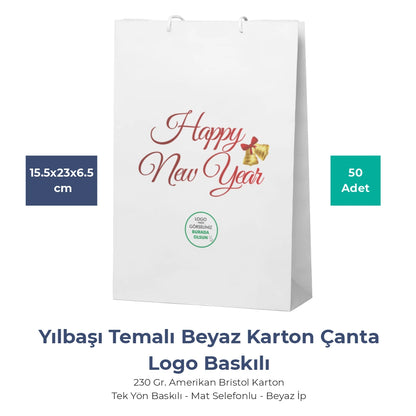 Yılbaşı Beyaz Karton Çanta – 19 Farklı  Tasarım - Özelleştirilebilir - 15.5x23x6.5 cm