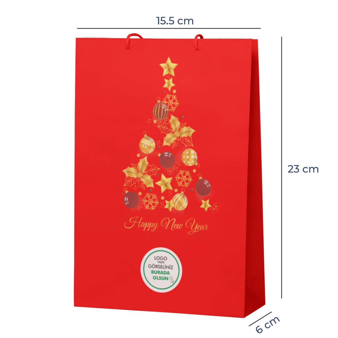 Yılbaşı Kırmızı Karton Çanta – 19 Farklı  Tasarım - Özelleştirilebilir - 15.5x23x6.5 cm