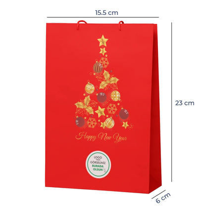 Yılbaşı Kırmızı Karton Çanta – 19 Farklı  Tasarım - Özelleştirilebilir - 15.5x23x6.5 cm