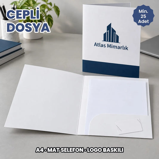 Cepli dosya A4: logo baskılı mat selefonlu karton sunum dosyası, iç cebinde evraklarla açık hali