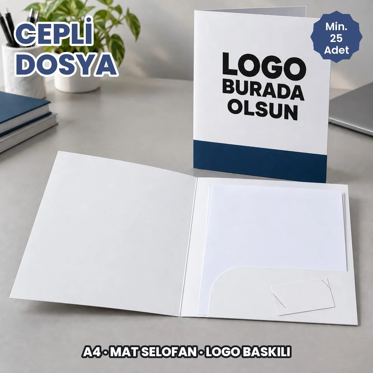 Cepli dosya baskı: kapağına logonuzun basılacağı A4 cepli dosya, içi baskısız küçük cepli