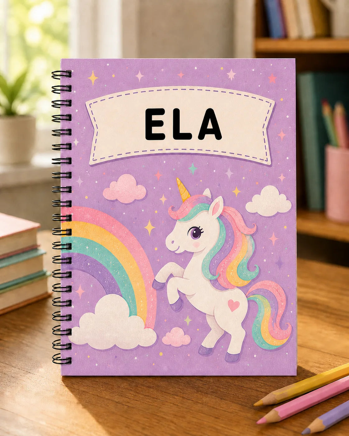 İsimli okul defteri, unicorn desenli kapak, spiralli cilt
