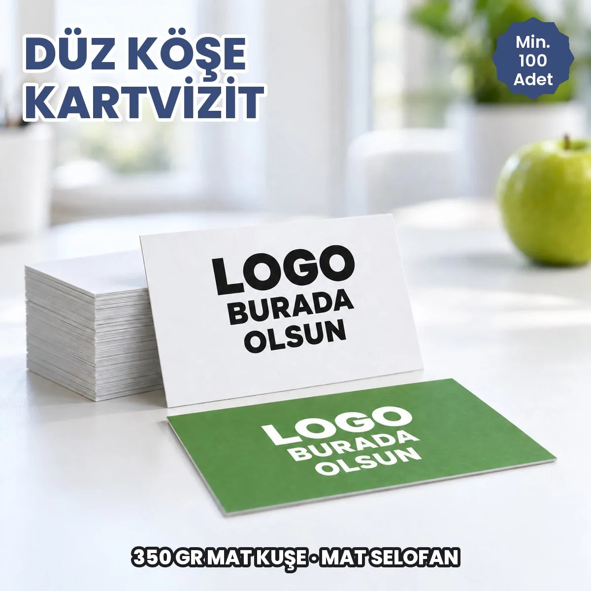 Düz köşe kartvizit: logonuzun ve bilgilerinizin basılacağı alanları gösteren kapak görseli