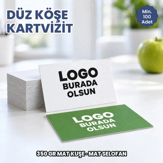 Düz köşe kartvizit: logonuzun ve bilgilerinizin basılacağı alanları gösteren kapak görseli