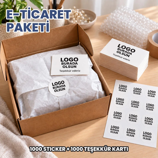 E-ticaret paketi: logonuzun basılacağı yuvarlak sticker ve teşekkür kartı kargo kutusunda