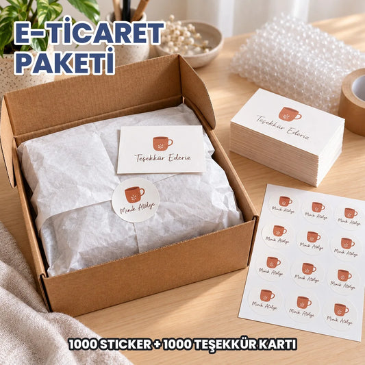 E-ticaret paketi: kargo kutusunda logo baskılı sticker ve teşekkür kartı, 1000 sticker ve 1000 kart seti