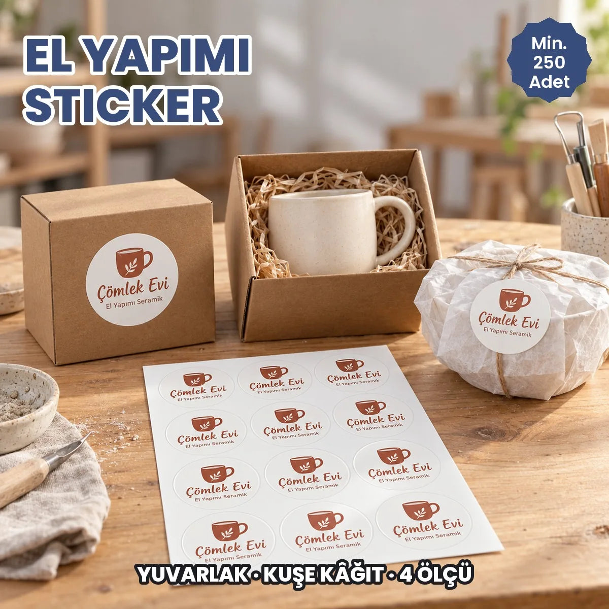 El yapımı sticker örneği: el yapımı seramik kutularında ve pelur pakette yuvarlak logo etiketi