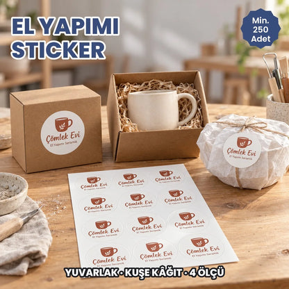 El yapımı sticker örneği: el yapımı seramik kutularında ve pelur pakette yuvarlak logo etiketi