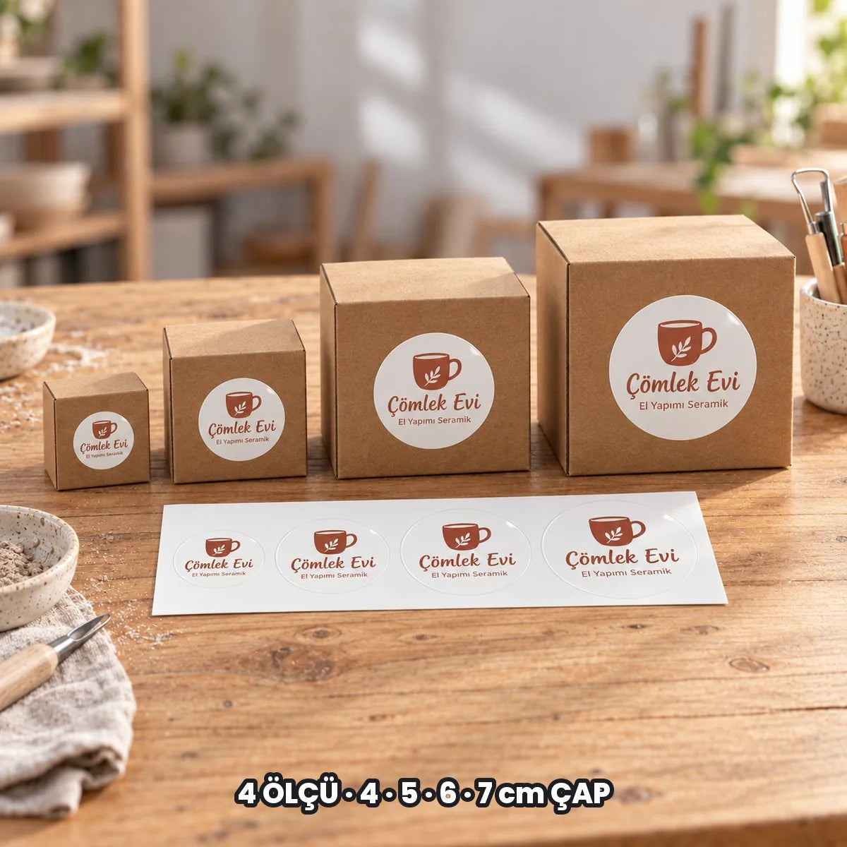El yapımı sticker ölçüleri: 4, 5, 6 ve 7 cm çap dört farklı kutuda