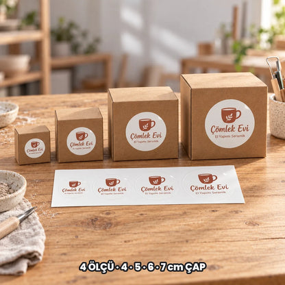 El yapımı sticker ölçüleri: 4, 5, 6 ve 7 cm çap dört farklı kutuda