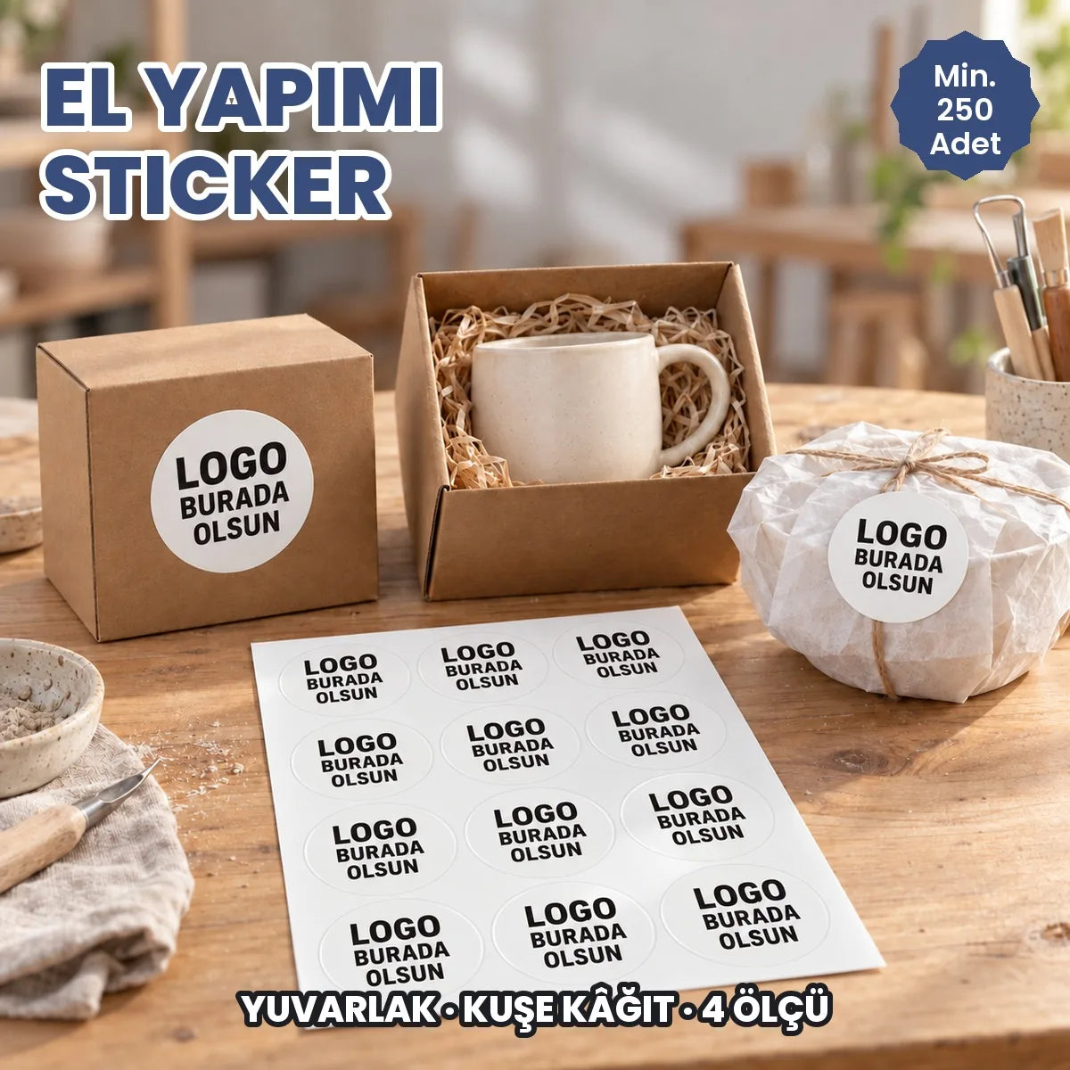 El yapımı sticker: logonuzun basılacağı yuvarlak kuşe etiketler el yapımı ürün kutularında ve tabakada