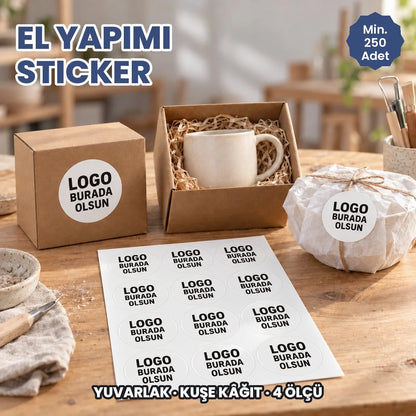 El yapımı sticker: logonuzun basılacağı yuvarlak kuşe etiketler el yapımı ürün kutularında ve tabakada