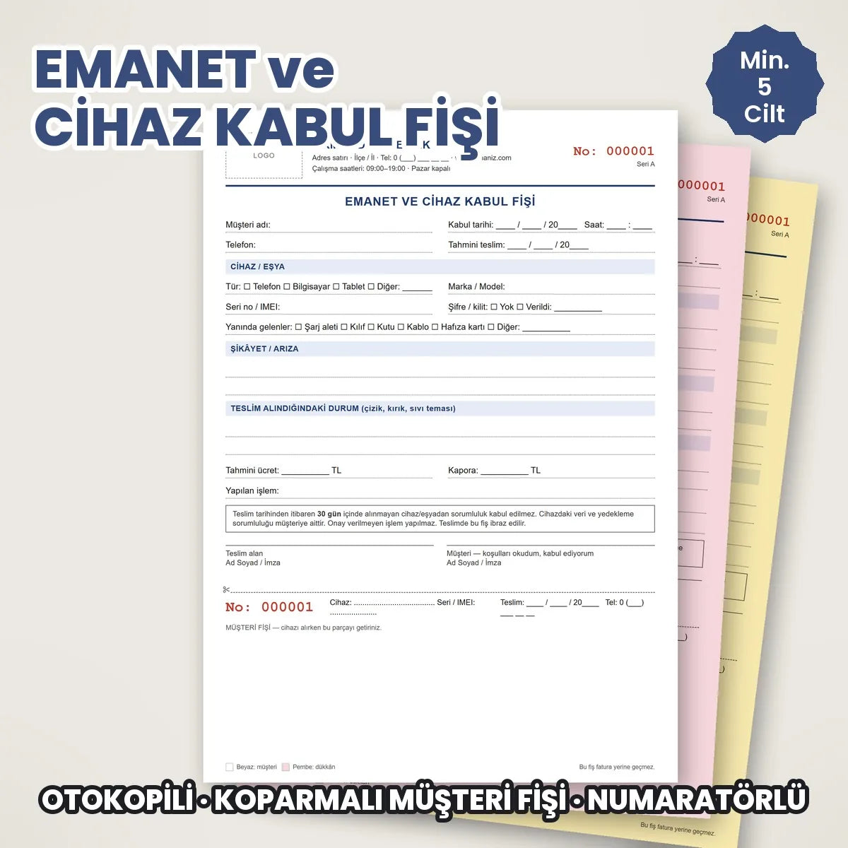 Emanet ve cihaz kabul fişi, koparmalı müşteri koçanlı otokopili, telefon ve bilgisayar tamir için