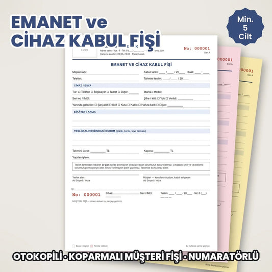 Emanet ve cihaz kabul fişi, koparmalı müşteri koçanlı otokopili, telefon ve bilgisayar tamir için