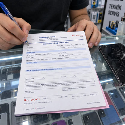 Telefon tamircisi tezgâhta otokopili cihaz kabul fişi dolduruyor