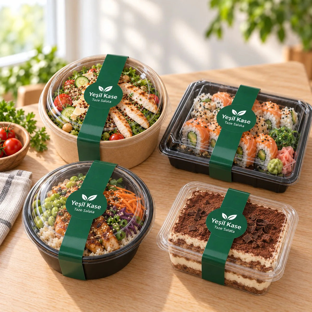 Gıda ambalaj etiketi kullanım alanları: kraft kase, sushi kabı, siyah kase ve tatlı kabında kapatma etiketi