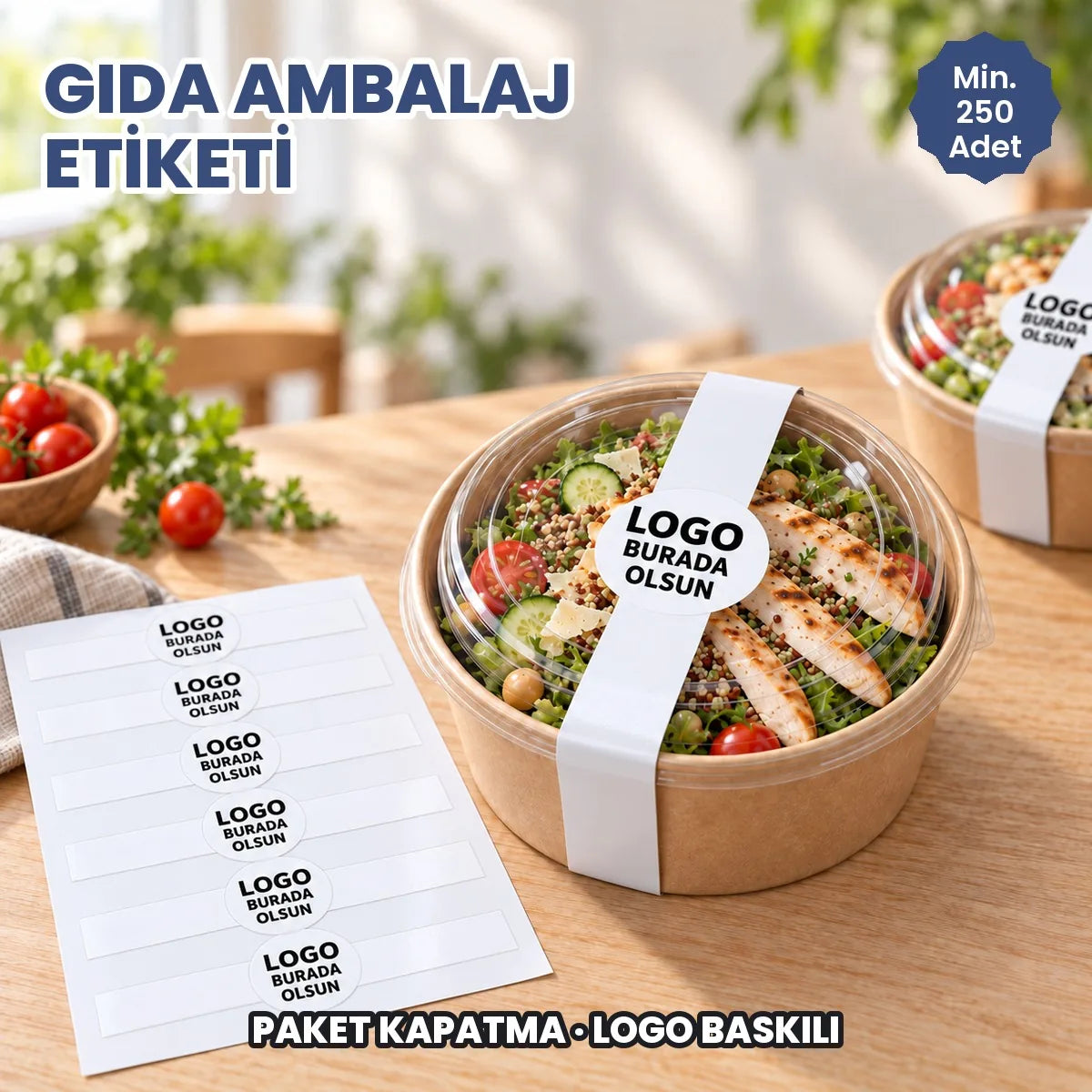 Gıda ambalaj etiketi: logonuzun basılacağı ortası daireli bant sticker kabı kapatıyor, yanında etiket tabakası