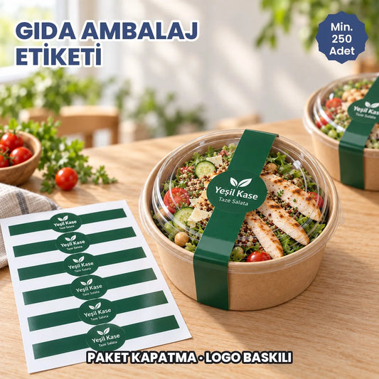 Gıda ambalaj etiketi: salata kabını kapatan logo baskılı uzun bant sticker ve etiket tabakası
