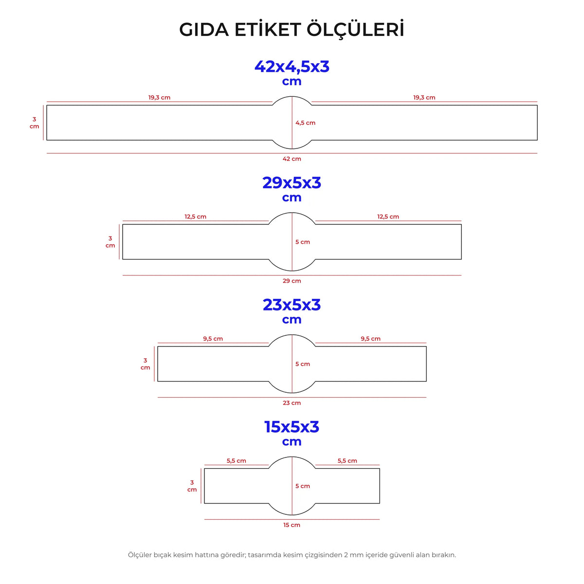 Gıda etiket ölçüleri: 42x4,5x3, 29x5x3, 23x5x3 ve 15x5x3 cm ortası daireli bant kesim çizimleri