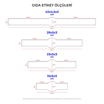 Gıda etiket ölçüleri: 42x4,5x3, 29x5x3, 23x5x3 ve 15x5x3 cm ortası daireli bant kesim çizimleri
