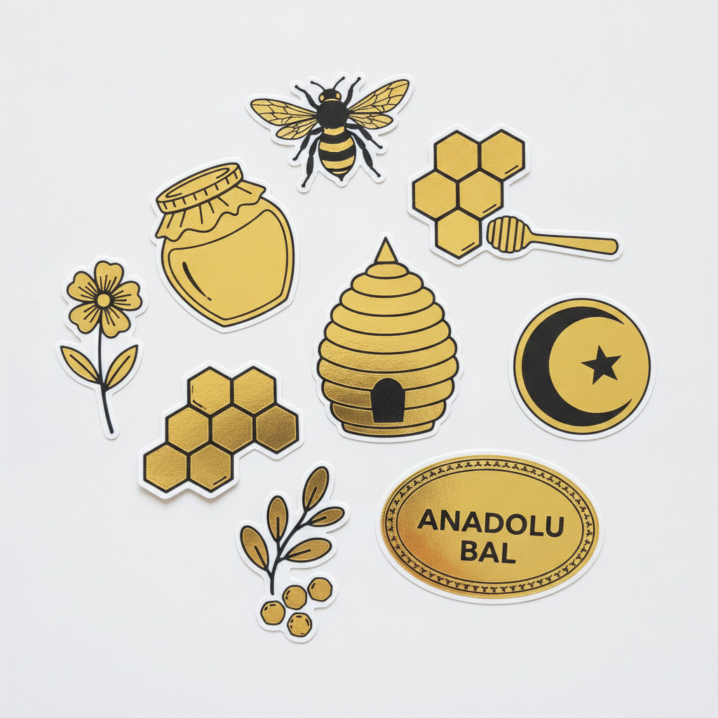 Farklı şekillerde tam kesim altın metalize sticker örnekleri