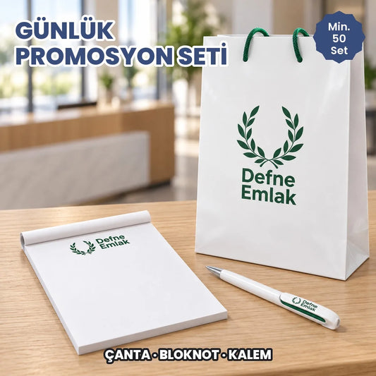 Günlük promosyon seti: logo baskılı karton çanta, tutkallı bloknot ve plastik kalem