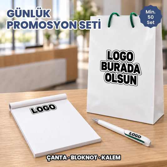Günlük promosyon seti: logonuzun basılacağı alanları gösteren örnek görsel, logo burada olsun