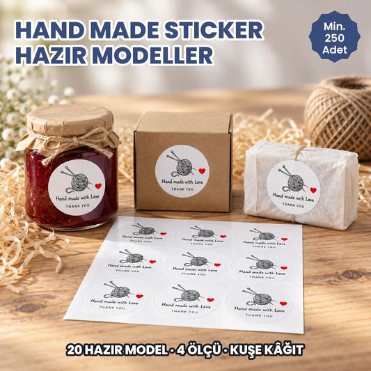 Hand made sticker hazır model: yün yumağı ve kalpli Hand made with Love etiketi kavanoz, kutu ve sabunda