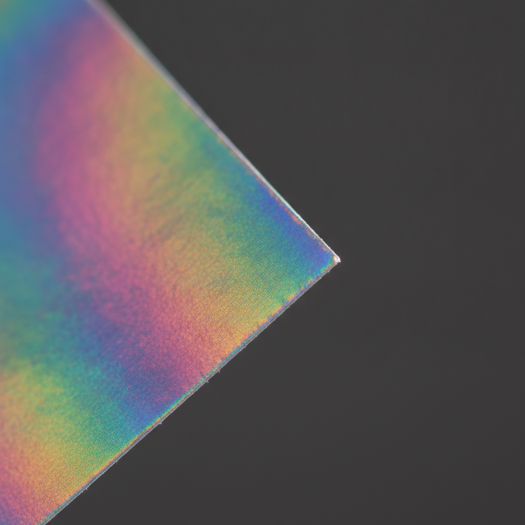 Hologram sticker yüzeyinde gökkuşağı ışıltısı — yakın çekim