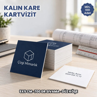Kalın düz köşe kare kartvizit örneği: hayali marka ile basılmış kartlar ve deste