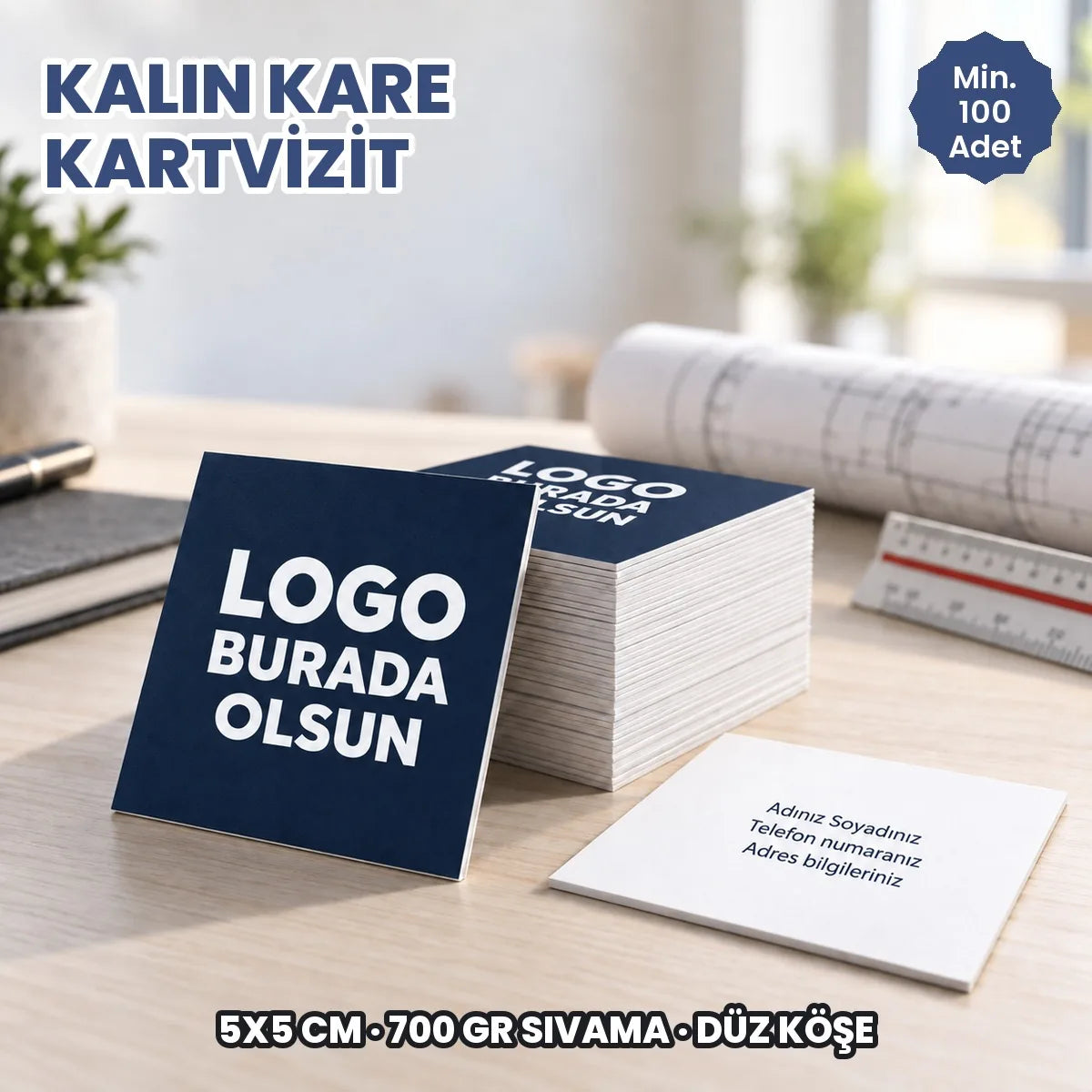 Kalın düz köşe kare kartvizit: logonuzun ve bilgilerinizin basılacağı alanları gösteren kapak görseli
