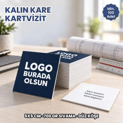 Kalın düz köşe kare kartvizit: logonuzun ve bilgilerinizin basılacağı alanları gösteren kapak görseli