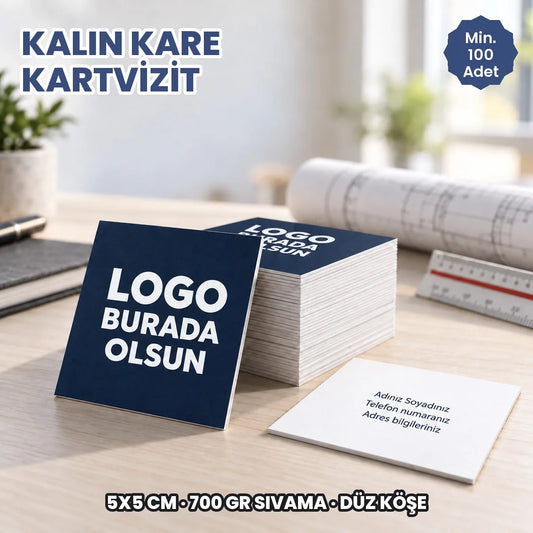 Kalın düz köşe kare kartvizit: logonuzun ve bilgilerinizin basılacağı alanları gösteren kapak görseli