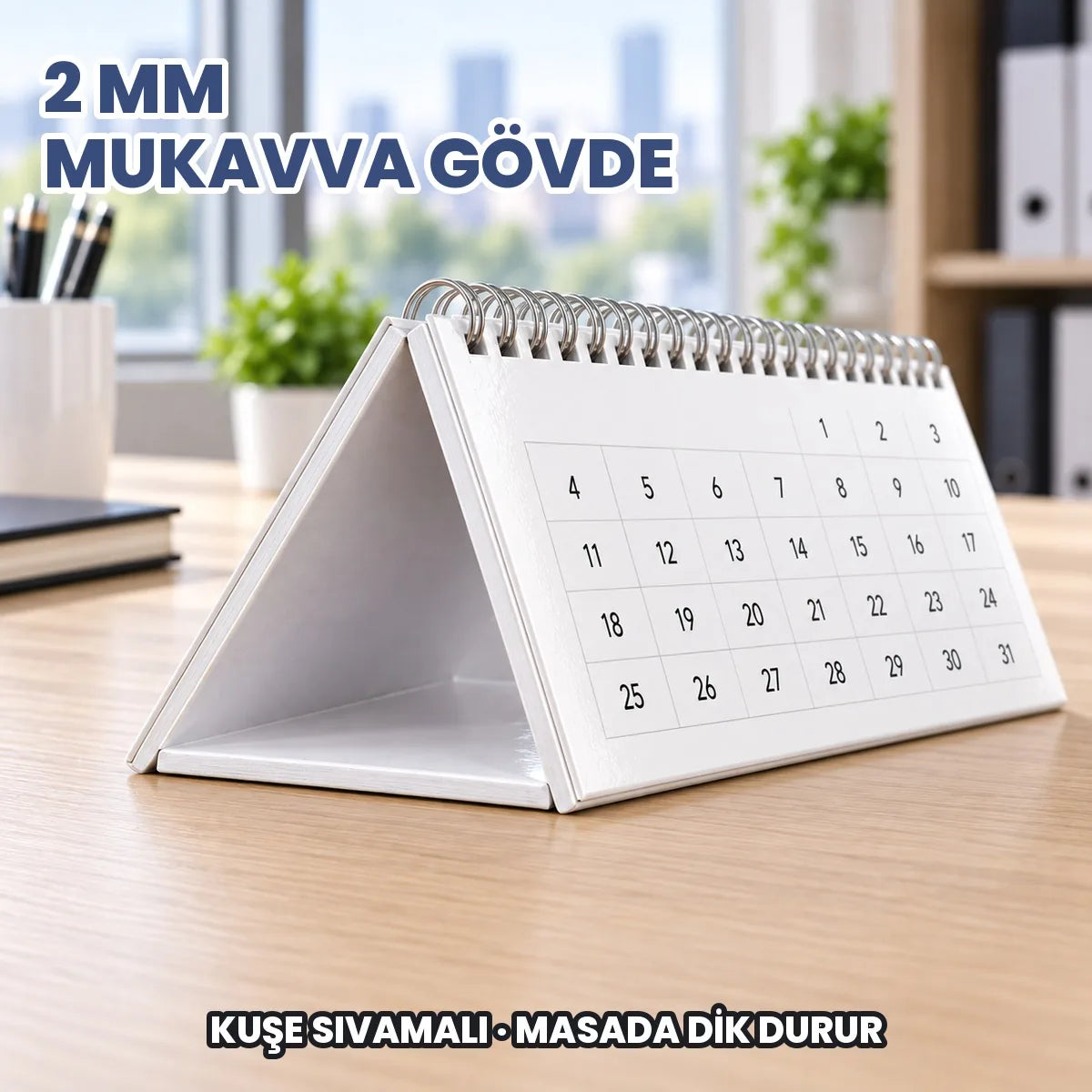 Kalın taşıyıcılı masa takvimi gövdesi: 2 mm mukavva, kuşe sıvamalı, masada dik durur