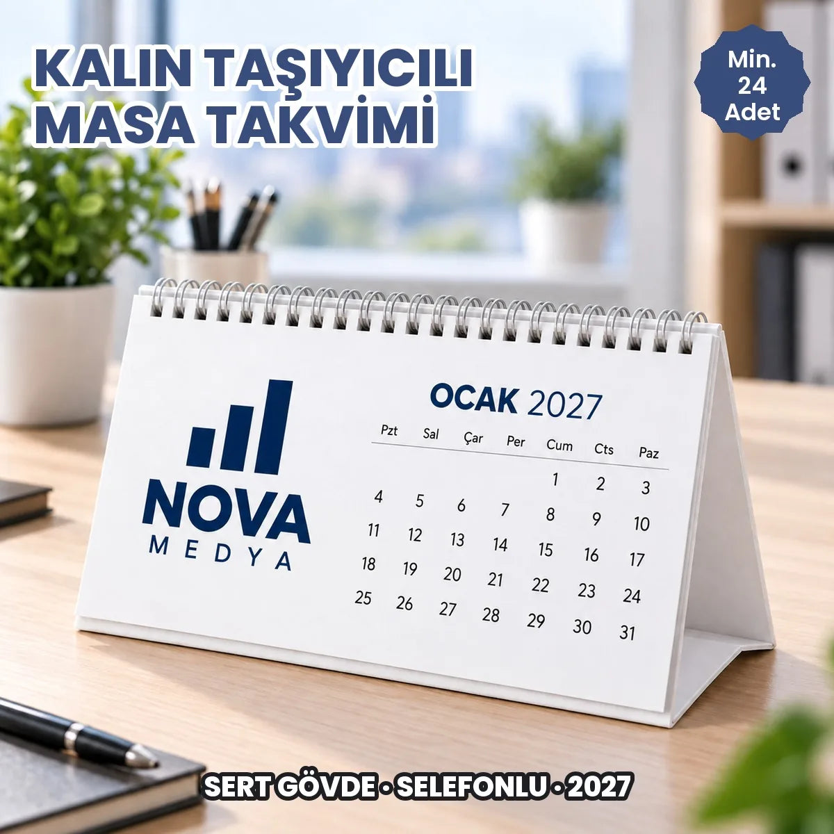 Kalın taşıyıcılı masa takvimi firma baskılı örnek: mukavva gövdede kurumsal logo, 2027 takvimi