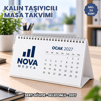 Kalın taşıyıcılı masa takvimi firma baskılı örnek: mukavva gövdede kurumsal logo, 2027 takvimi