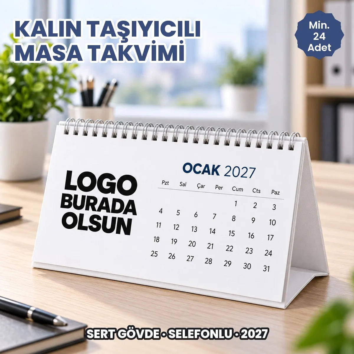 Kalın taşıyıcılı masa takvimi: 2 mm mukavva gövde, geniş yatay panel, logo baskılı 2027
