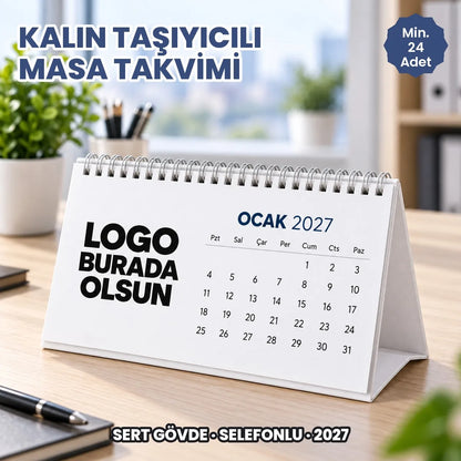 Kalın taşıyıcılı masa takvimi: 2 mm mukavva gövde, geniş yatay panel, logo baskılı 2027