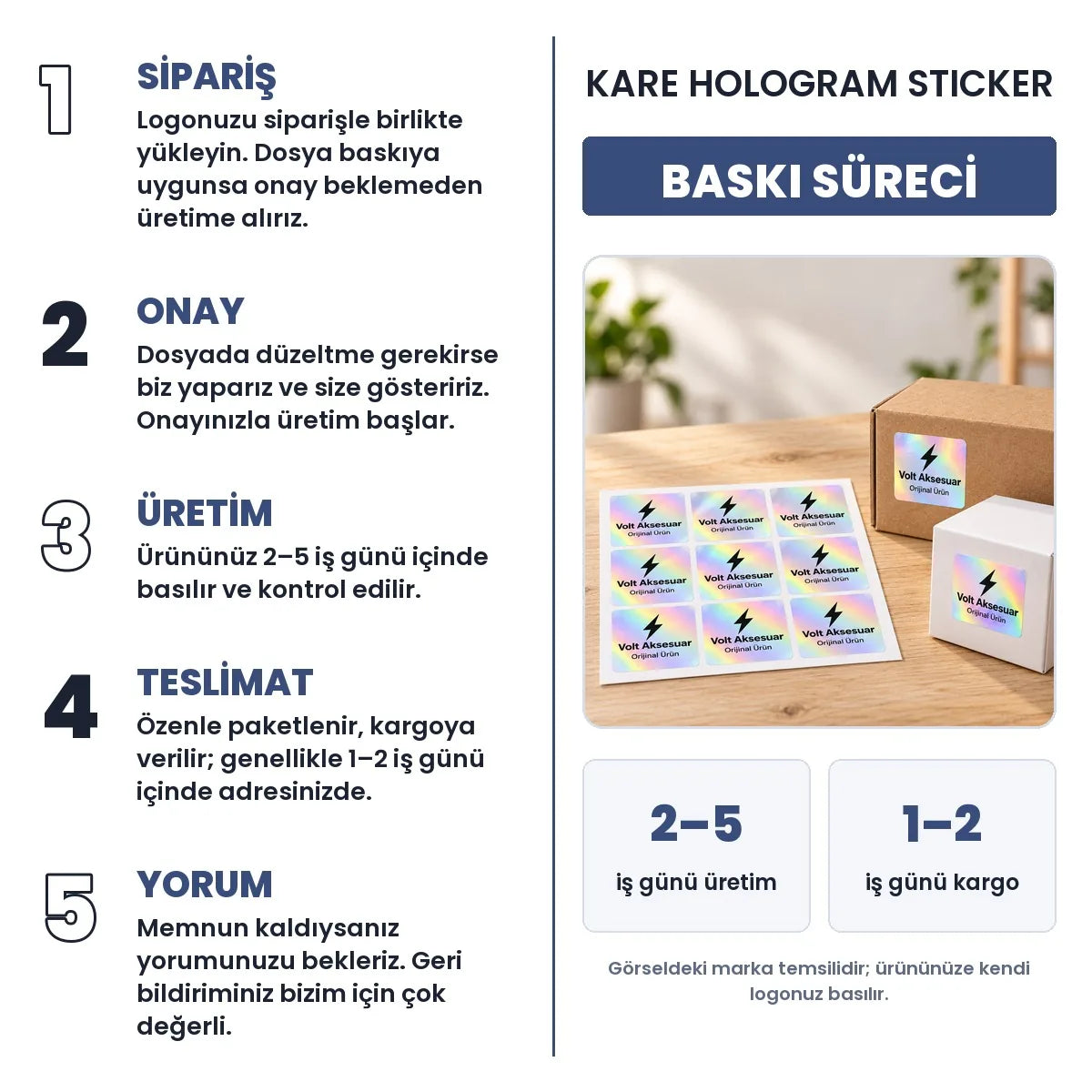 Kare Hologram Sticker baskı süreci: sipariş, onay, üretim 2–5 iş günü, teslimat 1–2 iş günü