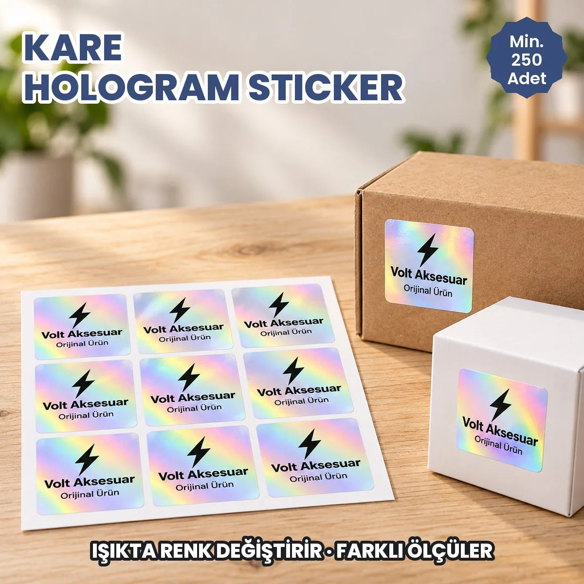 Kare hologram sticker baskı: ışıkta renk değiştiren kare hologram etiketler tabakada ve ürün kutularında