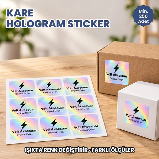 Kare hologram sticker baskı: ışıkta renk değiştiren kare hologram etiketler tabakada ve ürün kutularında