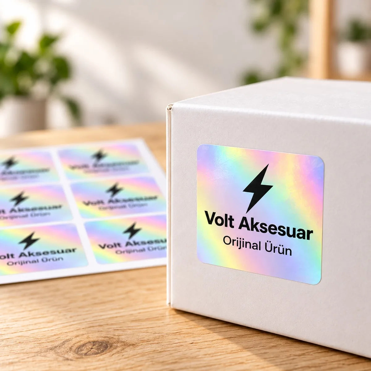 Kare hologram sticker yakın plan: ışıkta renk değiştiren yüzey ve net siyah baskı