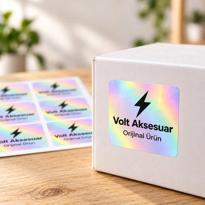 Kare hologram sticker yakın plan: ışıkta renk değiştiren yüzey ve net siyah baskı