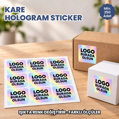 Kare hologram sticker: logonuzun basılacağı ışıkta renk değiştiren kare etiketler tabakada ve ürün kutularında