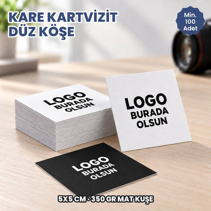 Düz köşe kare kartvizit: logonuzun ve bilgilerinizin basılacağı alanları gösteren kapak görseli