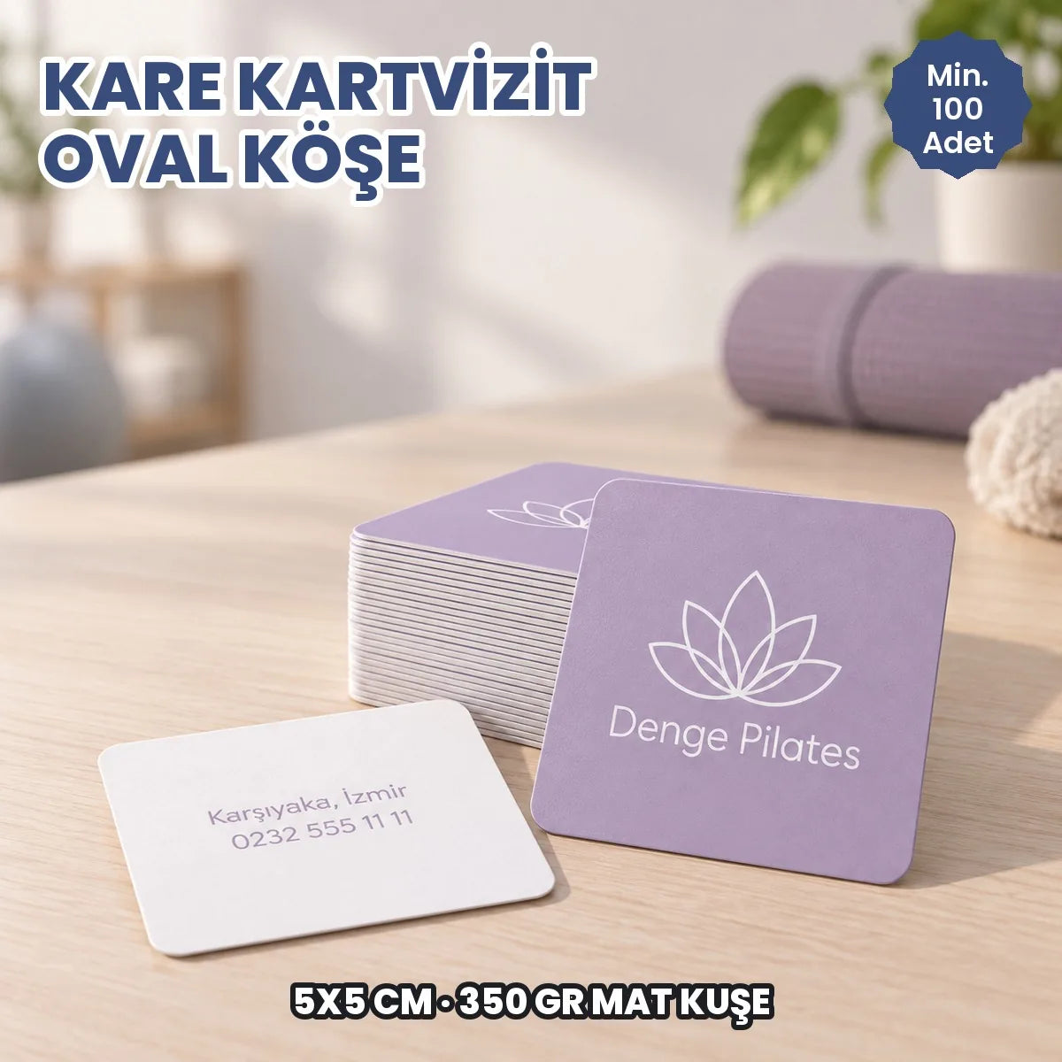 Oval köşe kare kartvizit örneği: hayali marka ile basılmış kartlar ve deste