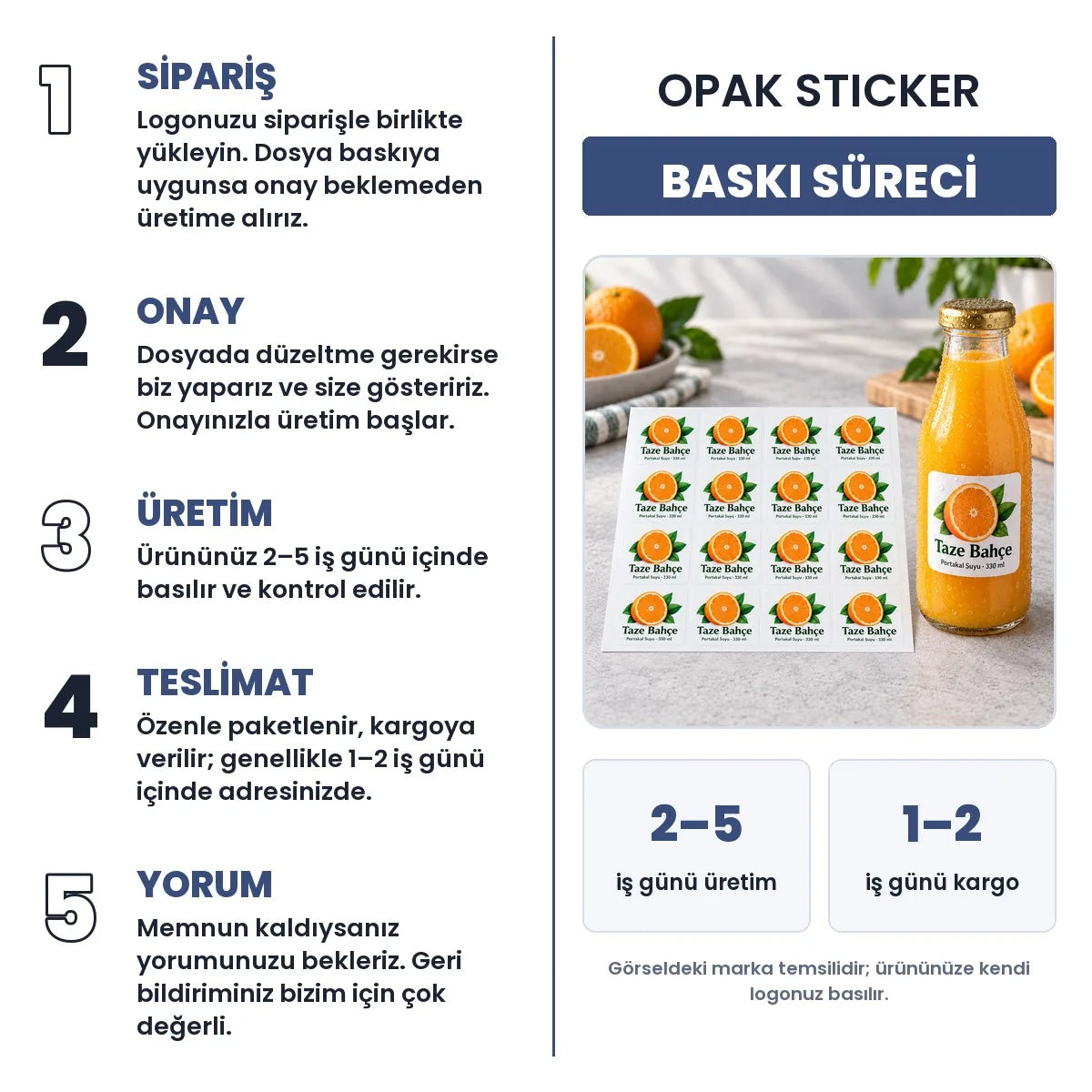 Opak Sticker baskı süreci: sipariş, onay, üretim 2–5 iş günü, teslimat 1–2 iş günü